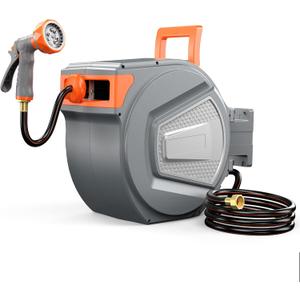 NEWBULIG Garden Hose Reel, 1/2" x 65 ft Retractable Heavy Duty Water Hose | Automatic Wall Mounted, 9 Pattern Hose Nozzle, Slow Slow Retract System, Any Length Lock, 180° Swivel for Yard Cleaning, Grey