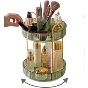 360 Rotating Makeup Organizer,2 Tier Large Capacity Make Up Organizers and Storage,Skincare Perfume Vanity Organizers,Bathroom Cosmetics Storage Organizer Countertop (Green)