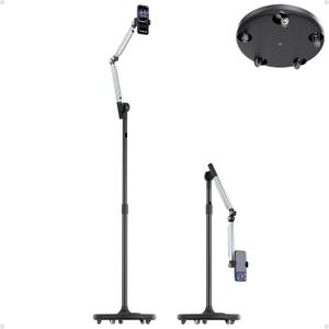 Floor Phone Stand for Recording, Overhead Phone Mount with Wheels and Weight Base, Free Rotation Aluminum Digital Heavy Duty Stand with Adjustable Angles & Height for Content Creation