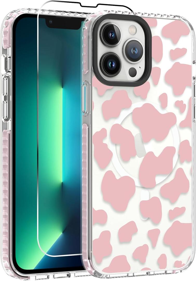 OOK Magnetic Case for iPhone 13 Pro Case Cute Cow Print [Compatible with MagSafe] Camera Protective Slim Phone Cover for Women Girls with [Screen Protector]-Pink