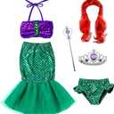 The Little Girls Mermaid Princess Dress Costume Wig Tiara Wand, 3-4Years