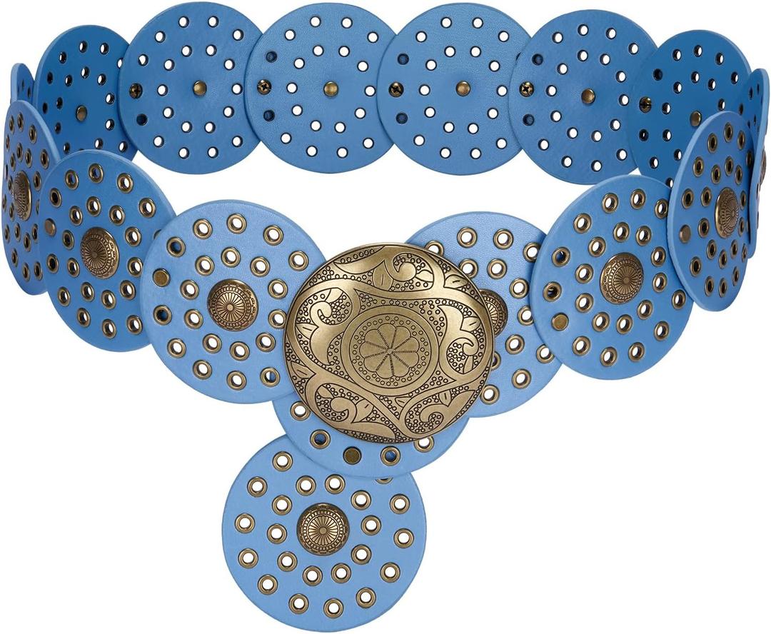 Western Leather Belts for Women Boho Waist Belt Cowgirl Disc Belts for Dress (Blue)