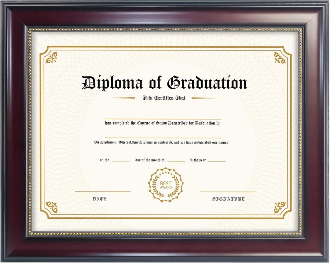 GraduatePro 8.5x11 Diploma Frame, Picture Frame for Wall and Tabletop Display with UV Protection Acrylic, Professional Wooden Look, Mahogany with Gold Beaded