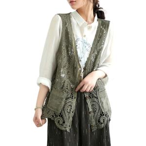 FindThy Womens Hollow Out Crochet Vest Button Up V Neck Stitch Cardigan Boho Waistcoat Shrug (One Size, 02 Green)
