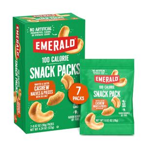 Emerald Nuts Roasted and Salted Cashews 7ct (1-Pack), 100-Calorie Individual Packs, Plant-Based Protein, Kosher Certified, Non-GMO, Contains No Artificial Preservatives, Flavors or Synthetic Colors (EXP 04/16/26)