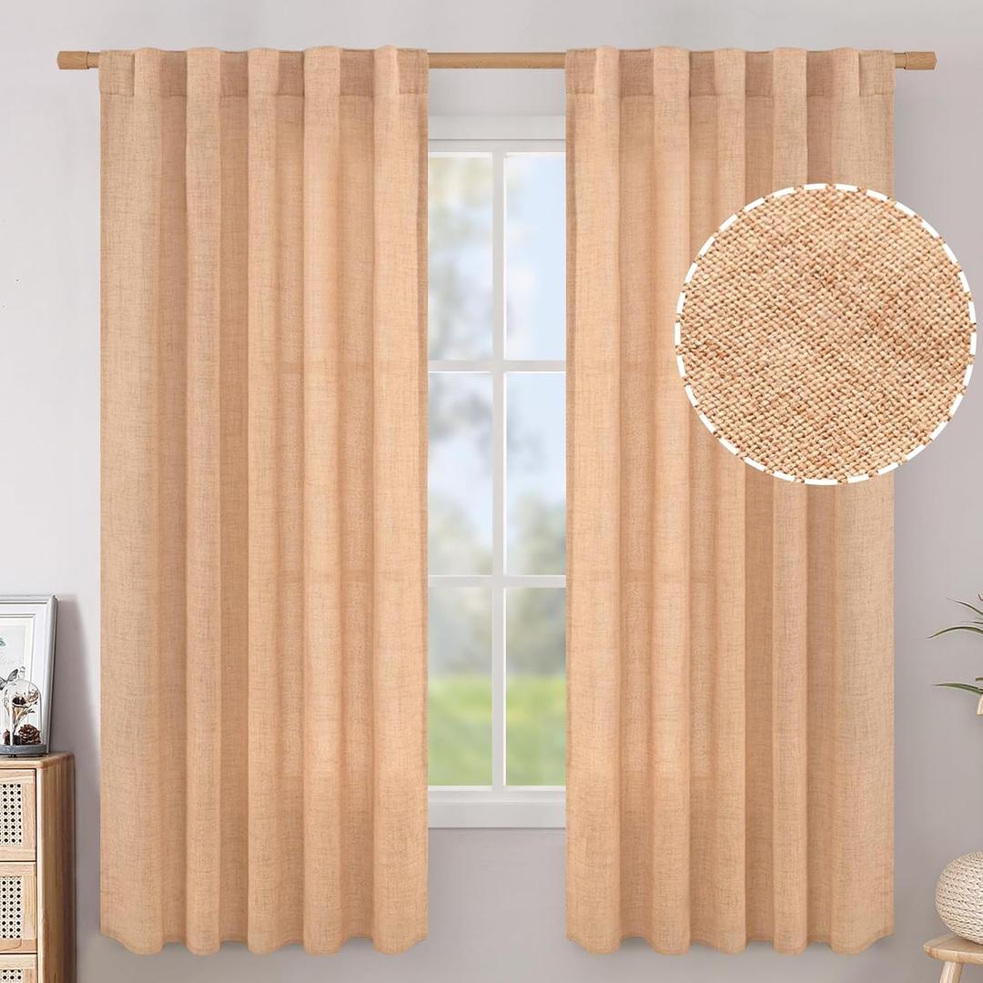 BGment Peach Linen Curtains 63 Inch Length for Living Room - Rod Pocket Light Filtering Drapes Semi Sheer Privacy Spring Decorativefor Bedroom Window Back Tab, 2 Panels, 42 Inch Wide Each Panel