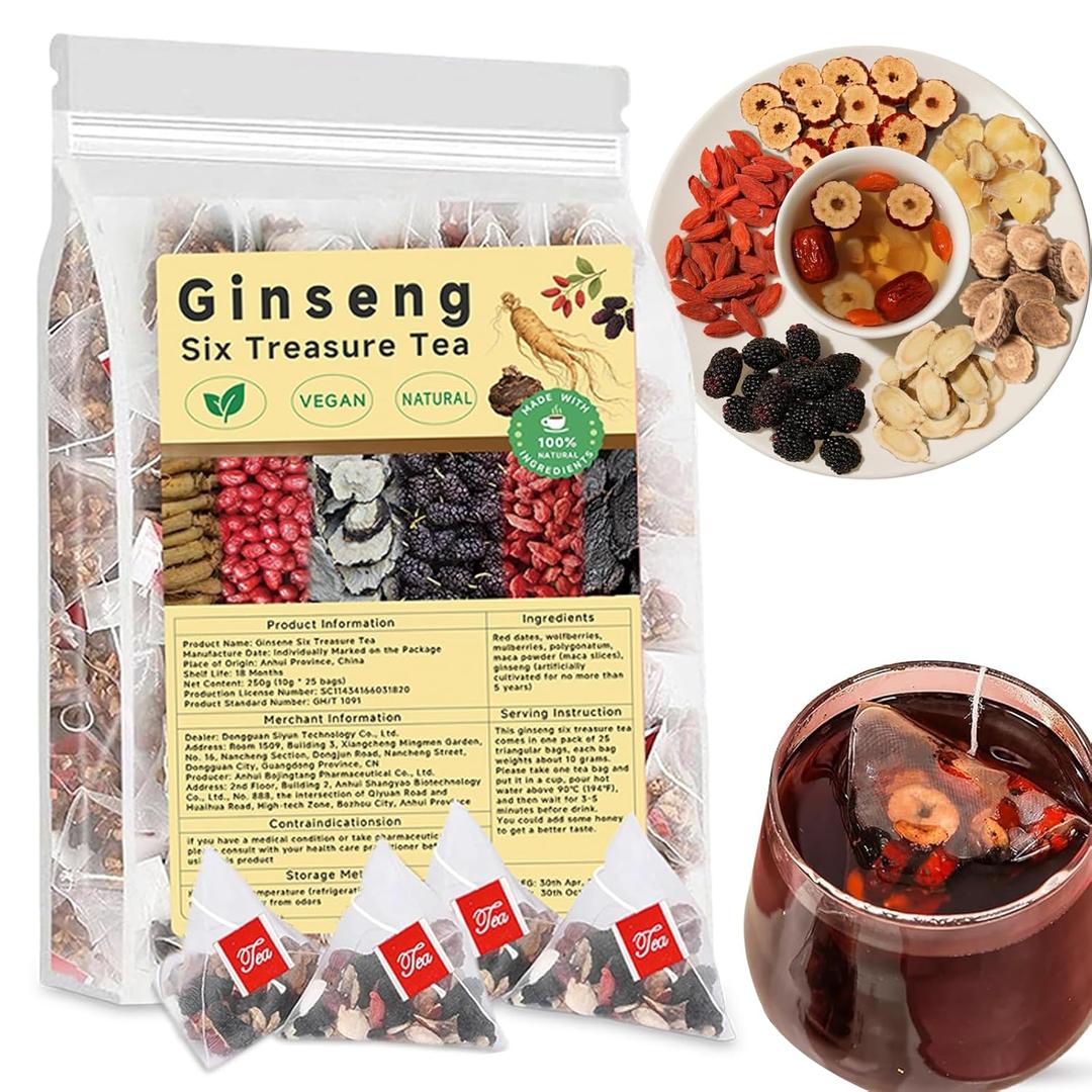 Kidney Tea Formula Ginseng Six Treasures Tea, 1 Pack (25 Bags), Traditional Chinese Herbal Kidney Cleanse Teabag Suitable for Men and Women, 6 Precious Ingredients Formula