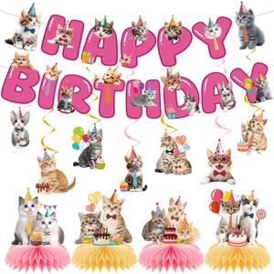 Cat Birthday Party Decorations - 13 Pcs Pre-Strung Lovely Cat Theme Pink Banner Hanging Swirls Honeycomb Centerpiece Set , Happy Birthday Party Decor Supplies for Pet Cats Kids Girls