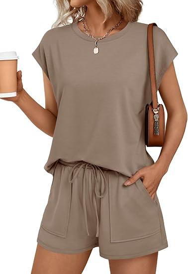 AUTOMET Womens Crew Neck Two Piece short Sets Cap Sleeve Drawstring Summer Sweatsuit with Pocket Large