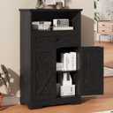 Floor Cabinet, Farmhouse Storage Cabinet with Barn Doors and Drawer, Freestanding Adjustable Shelf Organizer for Bathroom, Kitchen, Living Room Black, 39.4"H x 23.6"W x 11.8"D