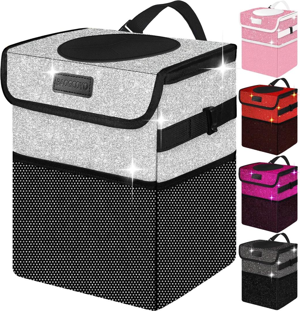 Cute Mini Car Trash Bag with Lid, Glitter Garbage Can Bin Hanging for Back/Front Seat/Console, Waterproof, Leakproof, 2.5 Gallon, Silver Bling Sparkly