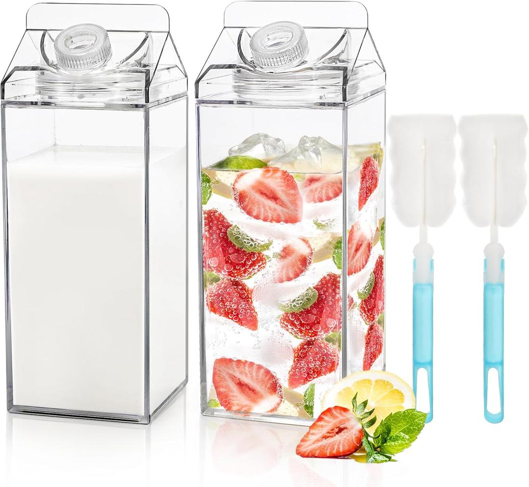 Bekith 2 Pack 64 Oz Large Milk Carton Water Bottle, Clear Plastic Milk Bottle with Cleaning Brush, Portable Leakproof Square Juice Bottle Reusable Milk Container for Outdoor Sports Travel Camping