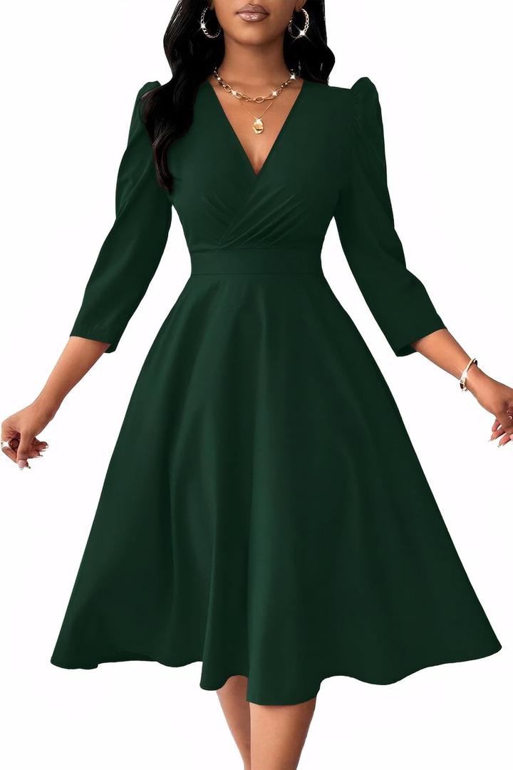 Nmoder Women Casual Midi Semi Formal Fit and Flare 3/4 Sleeve A-line Wrap Empire Waist Dress for Church Work Wedding Guest Cocktail Dresses Green 2XL