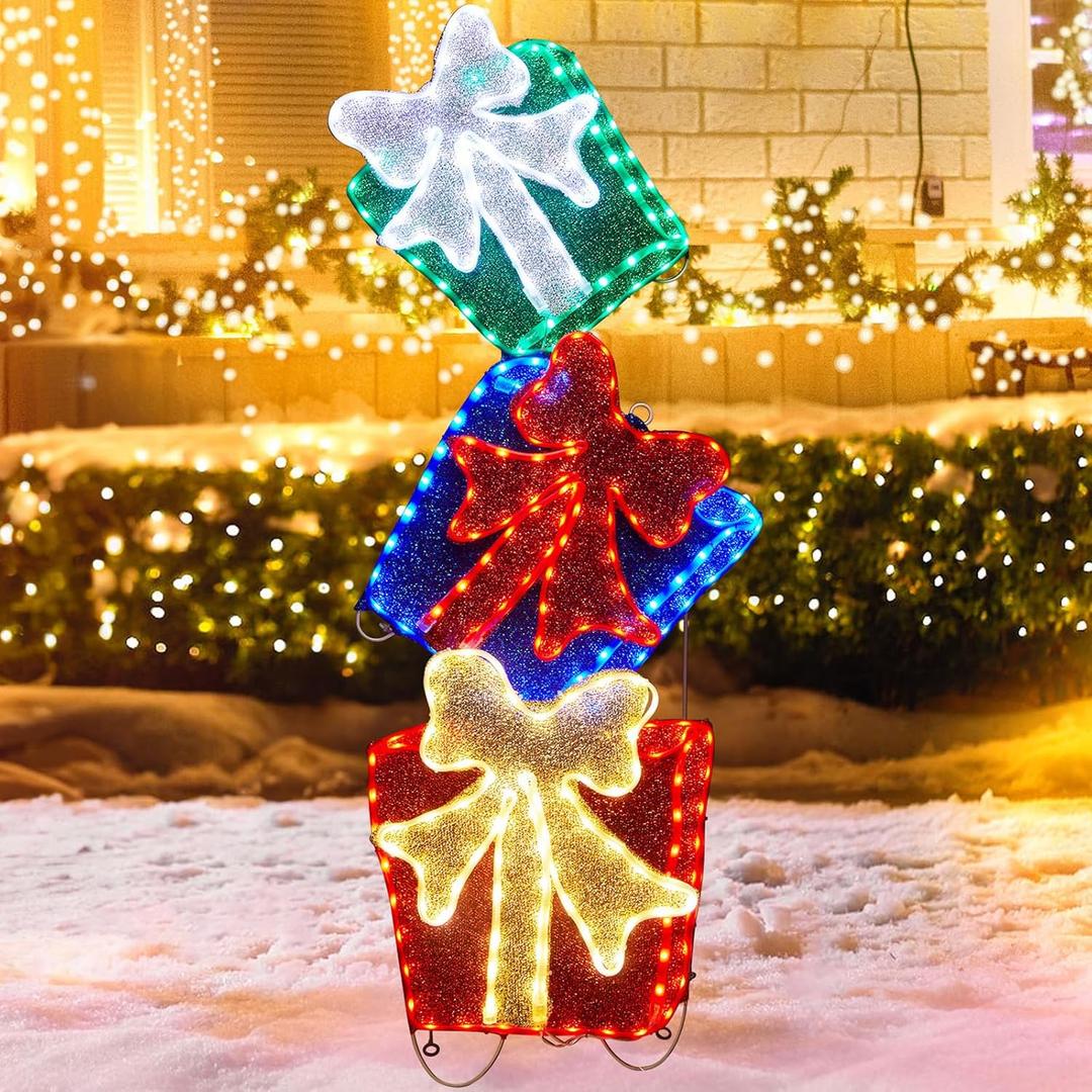 Brightown 39in Outdoor Boxes Decorations, Set of 3 Christmas Lighted Gift Boxes with 276 LED Lights, Light up Xmas Present Ornament for Tree Indoor Outside Front Door Yard Holiday Decor