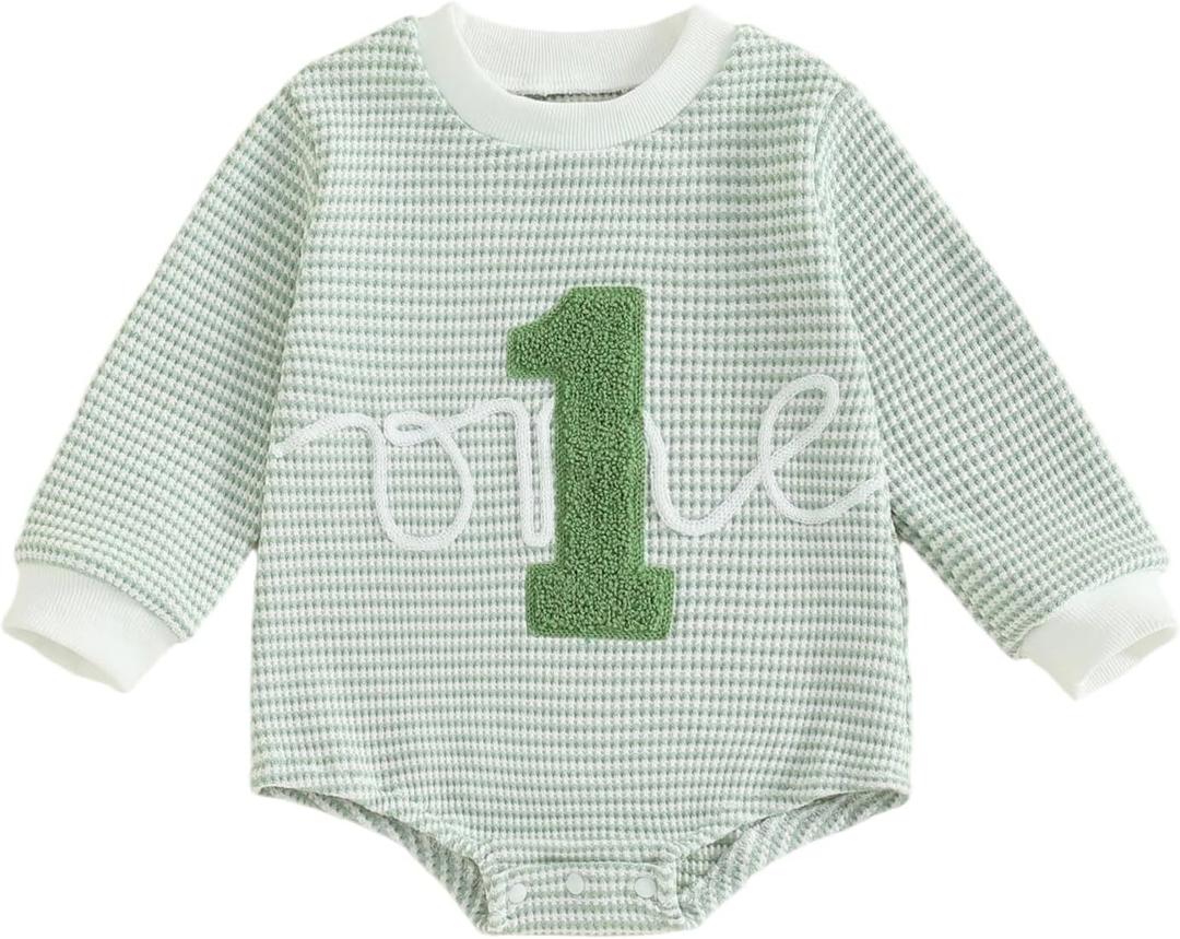 VISGOGO Baby Boy Girl 1st Birthday Outfit One Birthday Embroidery Waffle Romper Sleeveless Oversized Jumpsuit One Year Old (12-18 Months, Green)