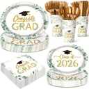 Pajean 350 Pcs Class of 2026 Greenery Graduation Party Decorations 12 inch Disposable Sage Green Leaves Oval Plates Napkins Green Heavy Duty Paper Tableware Set for 50 Guests Grad Party Supplies