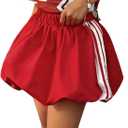 Verdusa Girl's Y2K Striped Bubble Skirt Elastic High Waisted A Line Ruffle Short Skirts (Red)