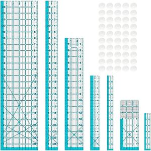 Acrylic Ruler 7 Piece Set, Non Slip Rings 50 Pieces, Quilting Rulers, Size (6"x24"), (2"x24"), (3"x18"), (3"x8"), (1.5"x12"), (1"x12"), (1"x6") (Blue-7 Piece Set)