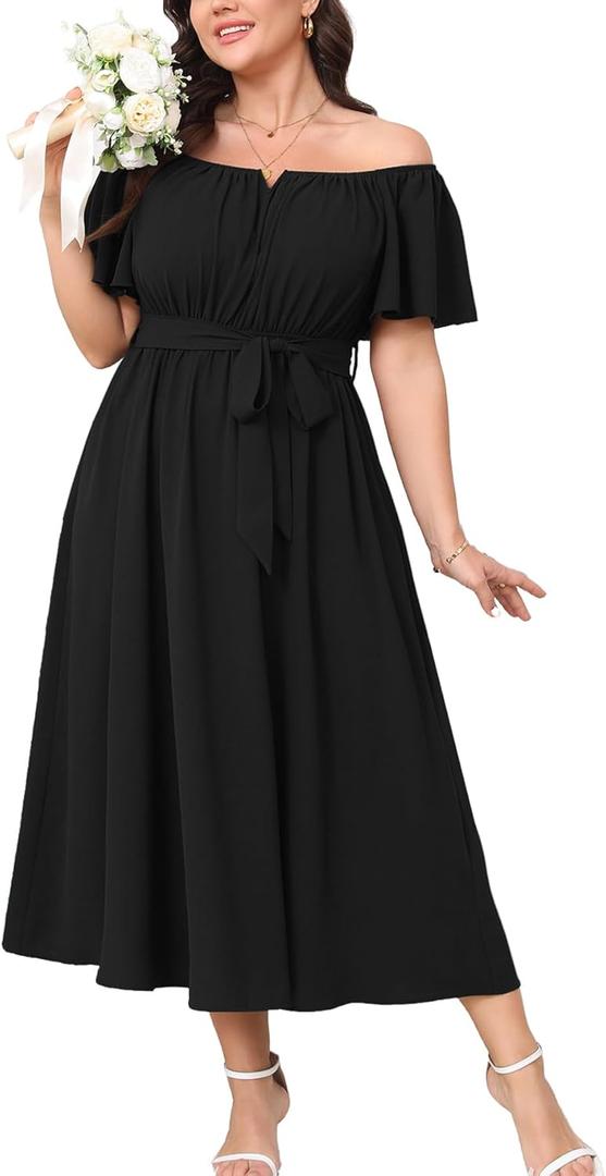 SCOMCHIC Women Plus Size Maxi Dress Off The Shoulder Bridesmaid Formal Wedding Guest Belted Flowy A Line Long Dresses 4XL