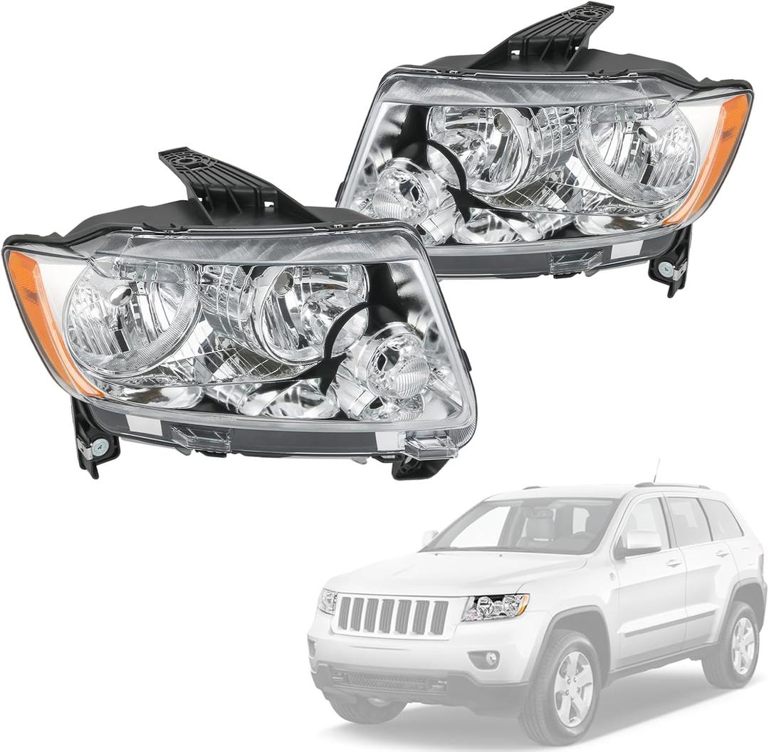 Headlights Assembly Replacement For Jeep Grand Cherokee 2011 2012 2013, Chrome With Amber Reflector