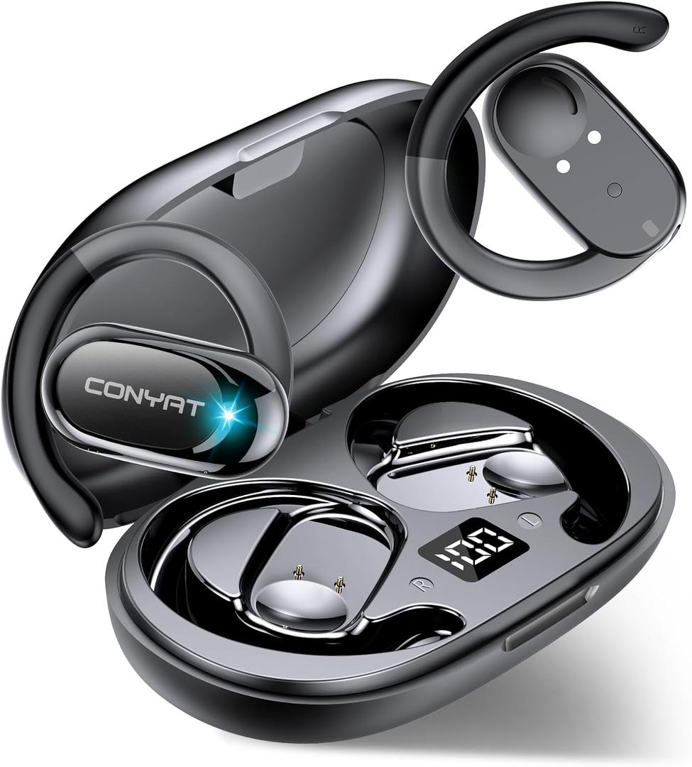 Open Ear Headphones, Wireless Bluetooth 5.4 Earbuds with Big Earhooks, Ultra-Comfort Open Ear Earbuds, 58 Hours HD Stereo Sound Over Ear Earphones, IP7 Waterproof Headset, Deep Black