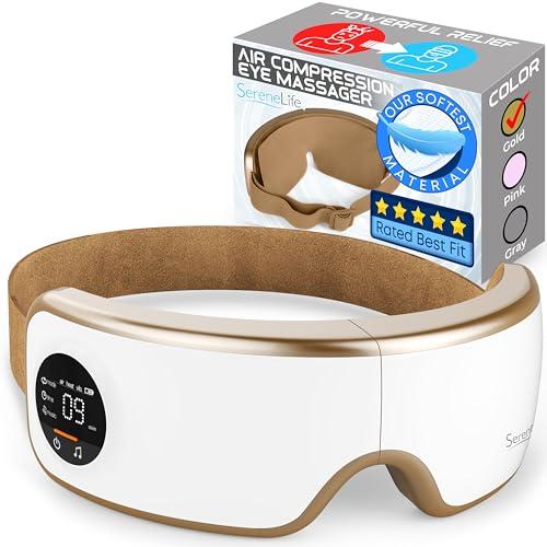 SereneLife Smart Eye Massager with Heat and Compression, Vibration, Music, Wireless Heated Mask for Migraines and Stress Therapy (Gold V2 Soft Fit)
