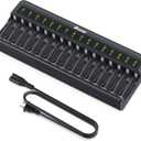 BONAI AA AAA Battery Charger 16 Bay for NiMH Rechargeable Batteries Independent Control with LED Light and Standard American AC Charging Plug, Battery not Included - Black