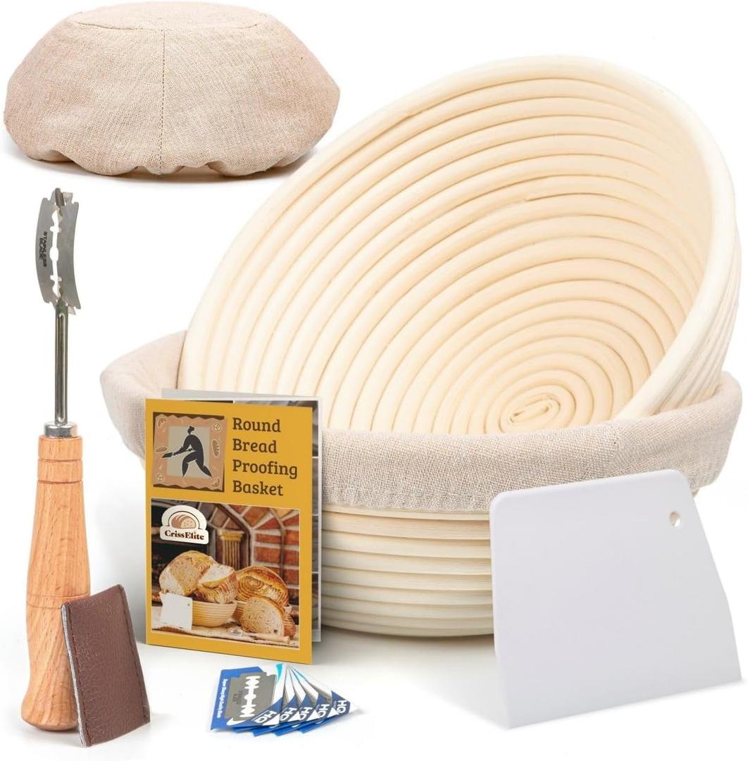 Sourdough Bread Baking Supplies Starter Kit, Banneton Proofing Basket Round 9" Set of 2, Gift Set