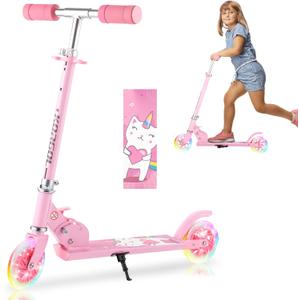 Scooter for Kids Ages 3-12 - Kids Kick Scooters with Led Light Up Wheels & 3 Levels Adjustable Handlebar, Lightweight Foldable 2 Wheel Girly Pink Scooter, Christmas Birthday Gifts for Girls Boys.