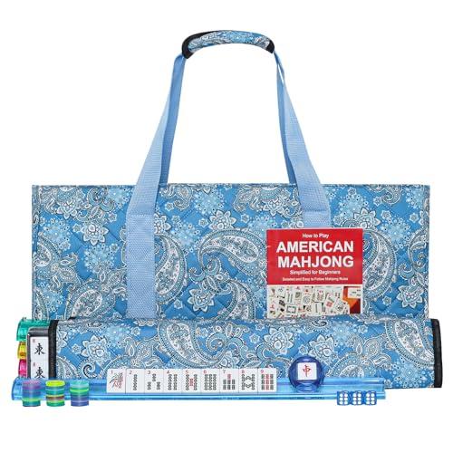 GUSTARIA American Mahjong Game Set, 166 Quality White Tiles, 4 All-in-One Color Rack/ Pushers, Mahjong Tile Set with Light Blue Printed Carrying Bag