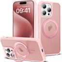 Designed for iPhone 15 Pro Max Case with 360 Rotatable Magnetic Ring Stand [Compatible Mag-Safe] [Military Grade Protection] Translucent Matte Phone Cases for Women Men 6.7'', Pink