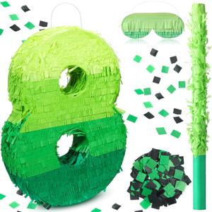 WinnerWhy Number Piata Decorations 16 Inch Gradient Green Piata with Blindfold Stick and Confetti for Birthday Baby Shower Safari Jungle Themed Party Supplies Centerpiece(Number 8)