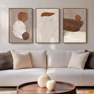 Framed Neutral Abstract Wall Art, 3 Piece Earth Tones Rustic Canvas Prints Paintings Artwork for Walls, Minimalist Abstract Stone Pictures for Living Room Dining Room Bedroom Wall Decor 16x24 Inch