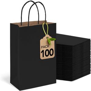 MESHA Black Gift Bags 5.25x3.75x8 Inch Small Kraft Paper Bags with Handles Bulk,100 Pack for Small Business,Wedding Party Favor