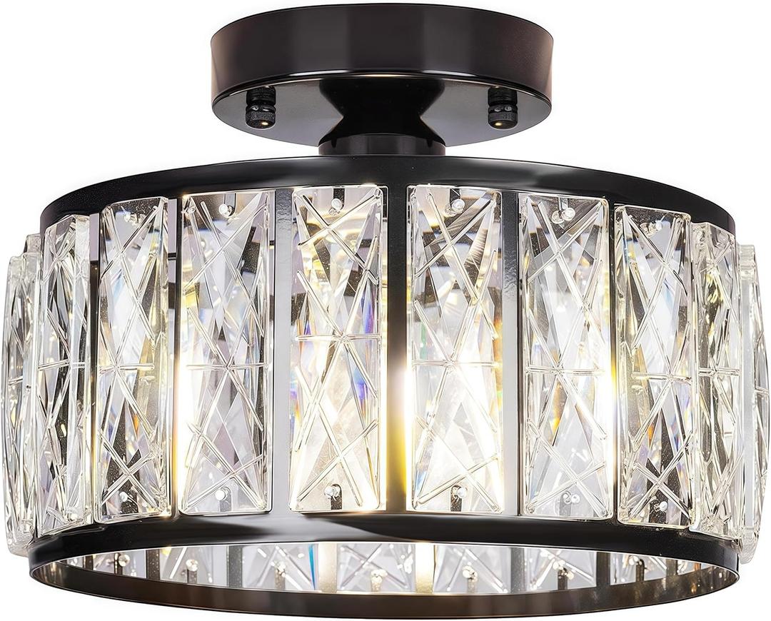 Black Crystal Ceiling Light, Modern Flush Mount Fixture, Small Chandeliers, Semi Flush Mount, Round Hallway Lighting for Kitchen Bathroom Laundry Room