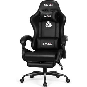 N-GEN GAMING Video Gaming Chair with Footrest Lumbar Support for Home Office High Back Recliner Height Adjustable Ergonomic Comfy Leather Computer Desk Chair (Carbon Black)