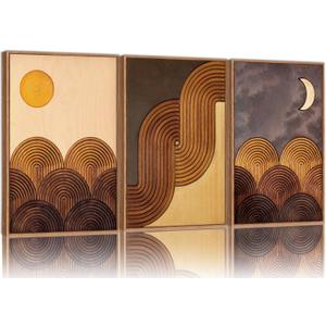 Tinonedraw Mid Century Modern Framed Canvas Wall Art Set, Boho Minimalist Geometric Wall Decor, Bohemian Sun and Moon Art Paintings, Beige Brown Wooden Artwork for Living Room Bedroom Office 24"x36"x3