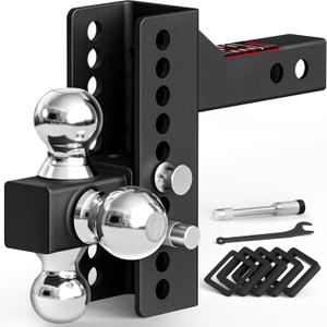 TYT Anti-Rattle Adjustable Trailer Hitch Tri-Ball Mount, Fits 2" Receiver, 4-1/2" Rise/Drop, 1-7/8"&2"&2-5/16" Ball, Heavy Duty Towing 10000lbs GTW