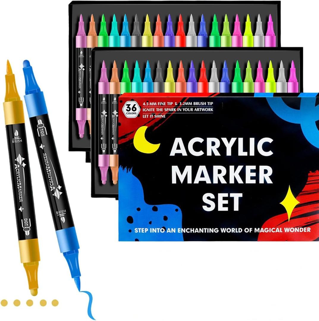 Premium Acrylic Marker-36 Colors Dual Tip Acrylic Paint Pens Markers, for Wood, Glass, Rock, Canvas, Ceramic, DIY Crafts Making Art Supplies