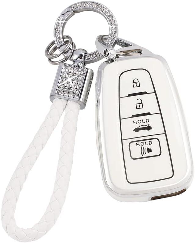 PIFOOG Key Fob Cover for Toyota Camry RAV4 Corolla C-HR Avalon Highlander Prius Smart Keys Case Shell Protector Bling Keychain Accessories 4 Button TPU Girly Women White Silver