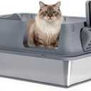 Stainless Steel Cat Litter Box, Open Top High-Sided Metal Litter Box with Scoop, Extra Large Litter Boxes for Kitty Kitten and Big Cats, Anti-Urine Leakage, Non-Sticky, Easy to Clean (Grey)