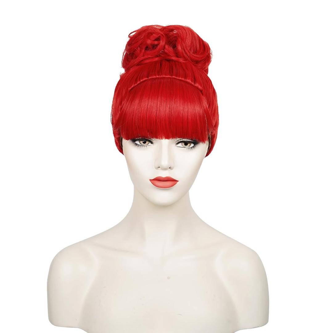 Wiggy Mermaid Red Wig with Bangs Bun for Women, Miss Dead Receptionist Costume Wig + Wig Cap for Halloween Argentina Costume Cosplay