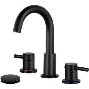 Qomolangma Black Bathroom Faucet 3 Hole, 2-Handle 8 inch Widespread Bathroom Faucet, 360 Swivel Spout Lavatory Sink Faucet with Water Supply Lines & Pop Up Drain