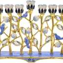 The Dreidel Company Hanukkah Menorah Enamel Pomegranate & Blue Bird Design, Hand-Painted Enameled Metal This Ornate 9 Branch Menorah Measures 12" High X 10" Wide