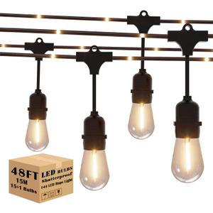 48FT Outdoor String Lights with 144LEDs Rope Light, Waterproof Outside Patio Lights,Shatterproof 24 Vintage Edison Bulbs Hanging Lighting for Porch Garden Backyard Cafe,2700K Dimmable