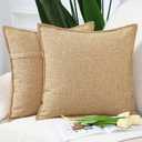 MADIZZ Set of 2 Flanged Linen Throw Pillow Covers 20x20 Inch Beige Soft Decorative Cushion Cover for Sofa Bedroom Pillow Shell