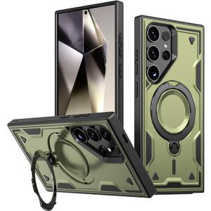 360Rotatable Magnetic Ring for Samsung Galaxy S24 Ultra Case [Compatible with MagSafe] Build in Invisible Stand [Drop Protection] Shockproof Military-Grade Protection Anti-Fingerprint, Green