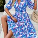 Womens Floral Flowy Wrap V Neck Midi Dress Short Sleeve Elastic Waist Casual Spring Summer Dresses for Women 2025 (Blue, XL)
