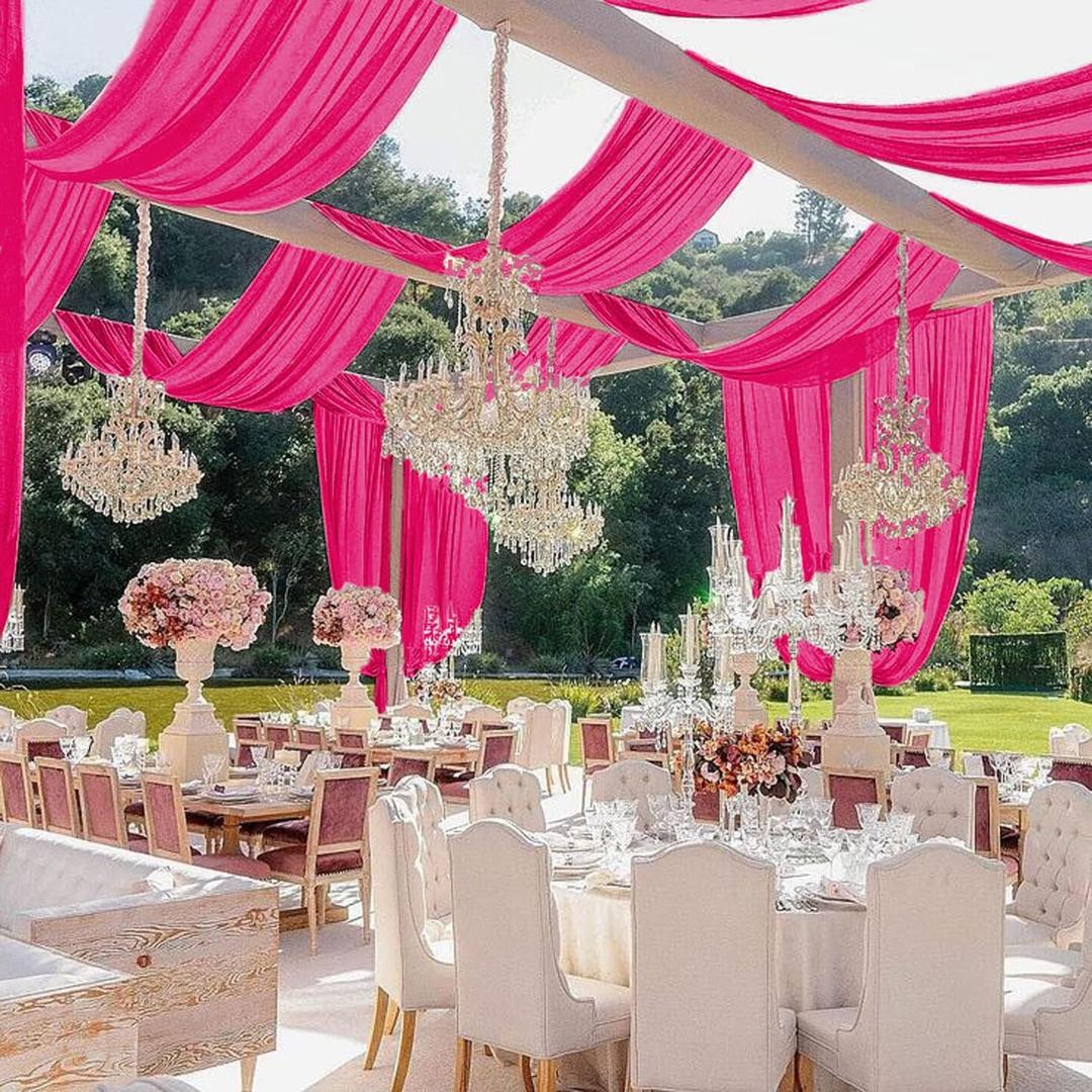 MODFUNS Wedding Ceiling Draping Hot Pink Arch Drapes 5x30FT 4 Panels Chiffon Fabric Drapery Ceiling Drapes Panels Sheer Backdrop Curtains Ceiling Sheers for Wedding Birthday Celebration Decoration (Fuchsia)