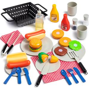 27 PCS Kids BBQ Grill Playset Backyard Barbecue Play Grill Toy Set for Toddlers, Play Food Sets for Kids Kitchen